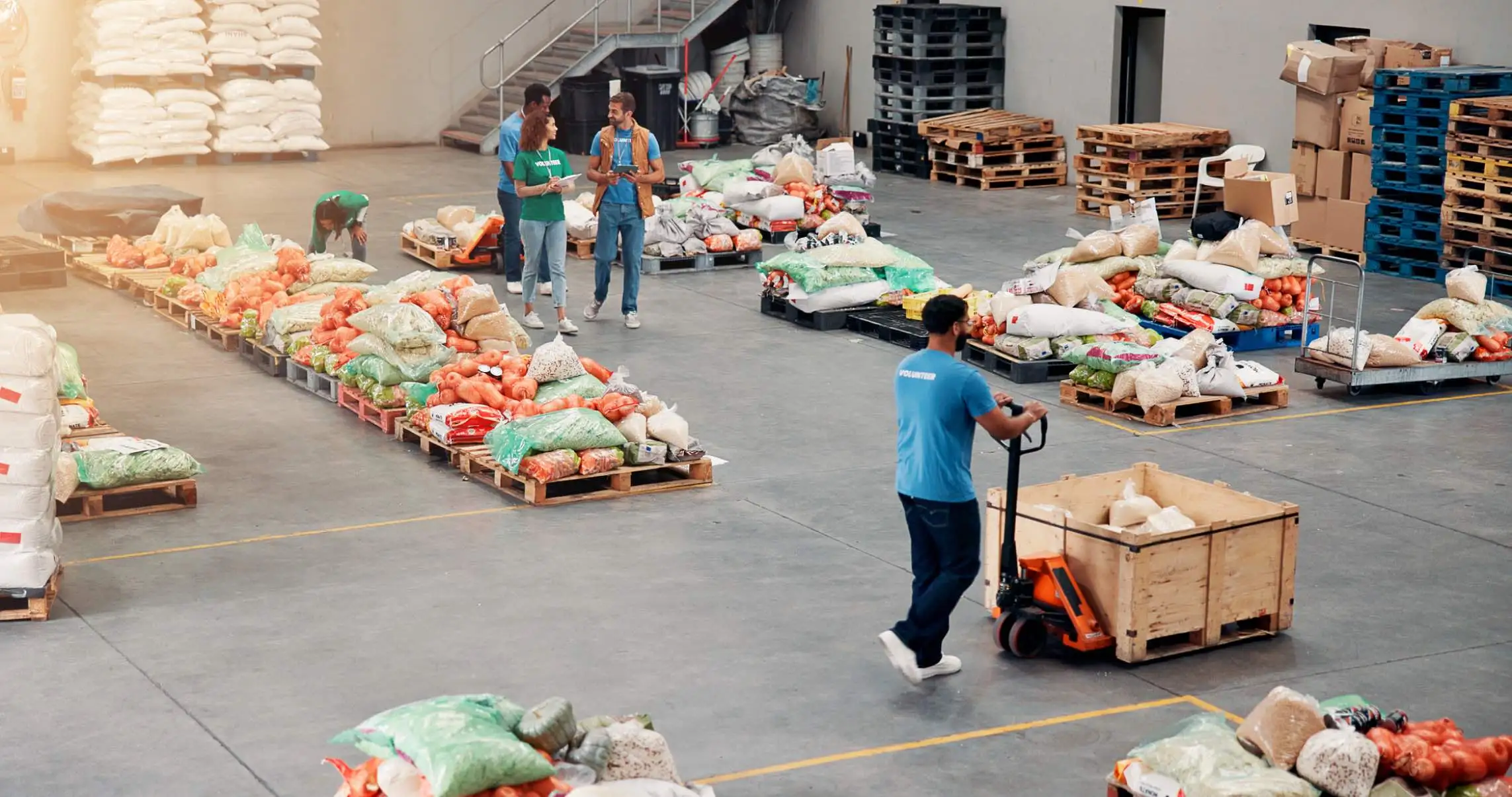 Warehouse workers sorting food and produce
