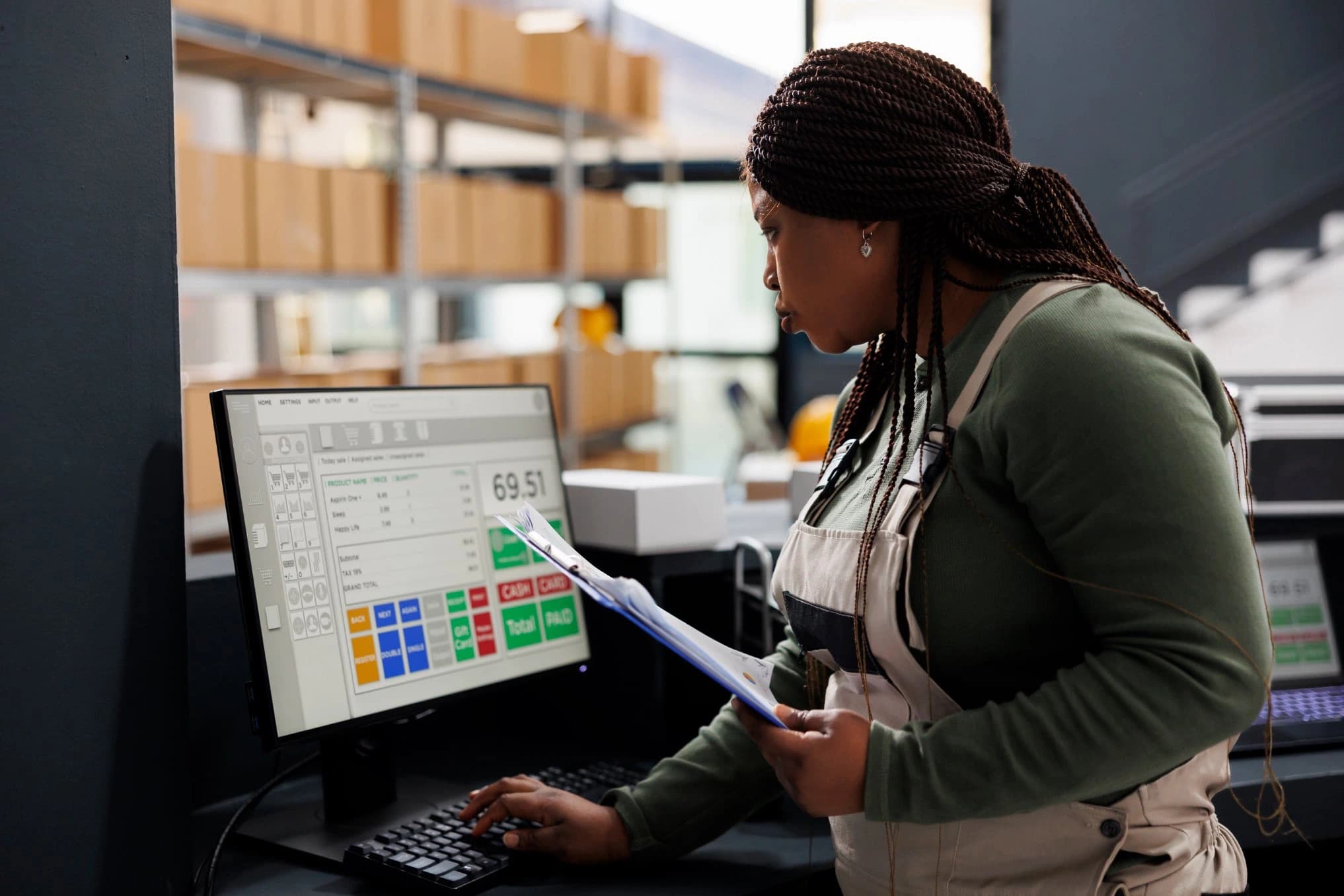 Warehouse worker checking inventory dashboard on computer