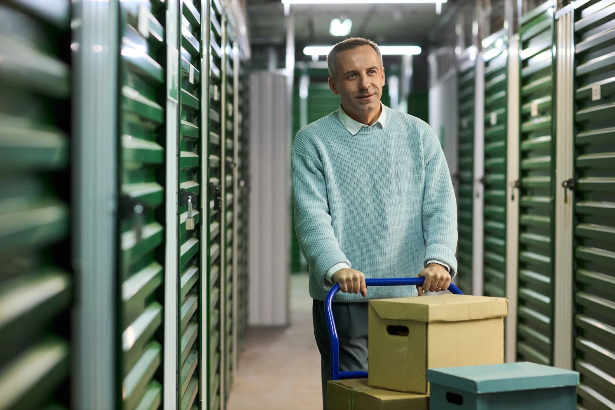 Man pushing cart with boxes in storage facility