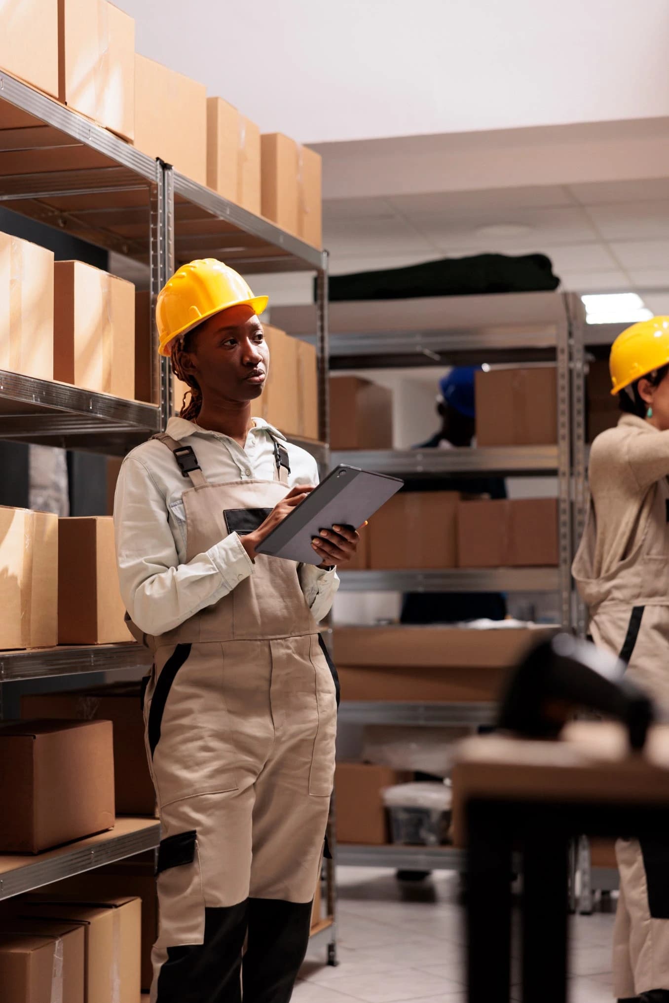 Warehouse worker with tablet checking inventory
